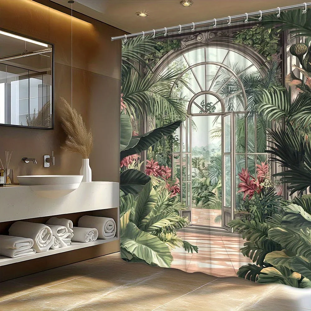 ~O~1pc Lush Tropical Greenhouse Shower Curtain - Arched Frames, Vibrant Greenery & Sunlit Design, Pink & Red Flowers, Polyester
