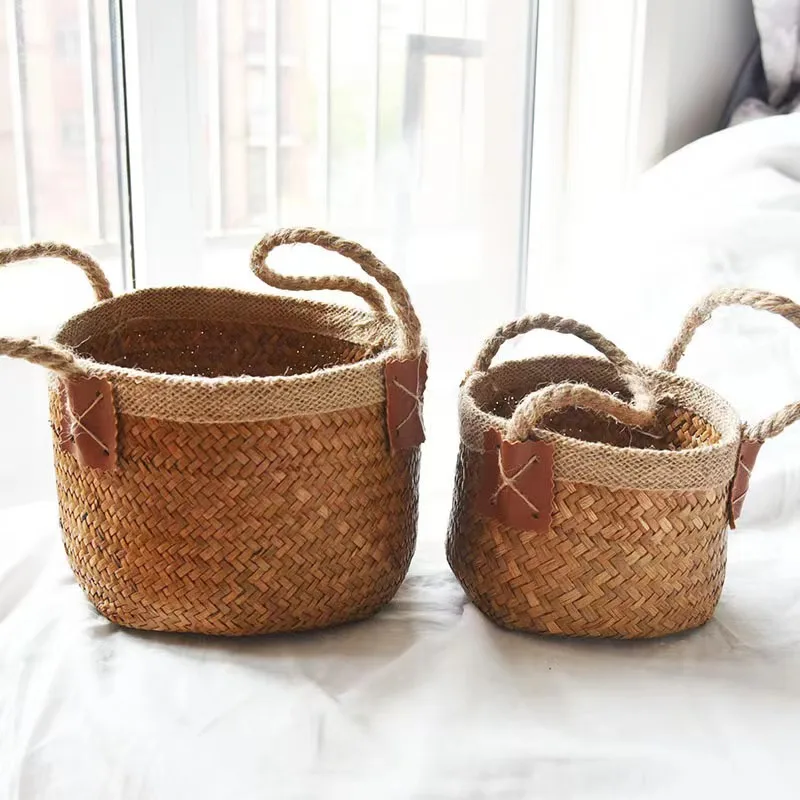 

Countryside Straw Flower Basket Woven Hand-woven Round Storage Baskets Living Room Storage Decorative Flower Vases