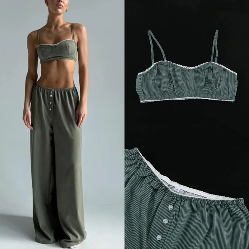 

Summer Women Sexy Striped 2 Piece Set Spaghetti Strap Crop Cami Top High Waist Wide Leg Pants Outfit For Party Date Casual Wear