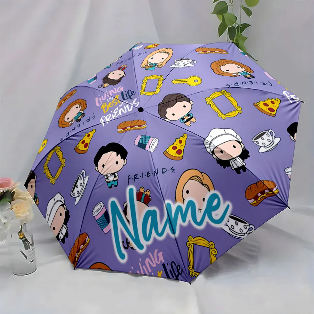 Custom Name Cartoon Characters and Fun Icons on a Purple Umbrella Print 8 Iron Ribs Folding Umbrella Auto-Open Fashion Sunshade