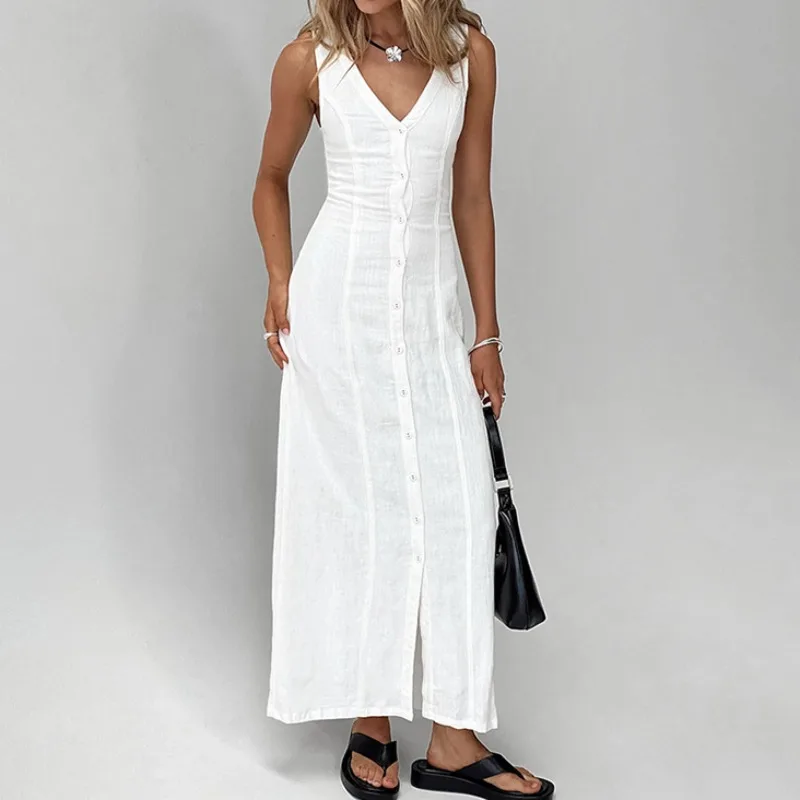 

2024 Summer Commuting White Waist Wrap Dress for Women Temperament New Women's Clothing Straight Split V-neck Cotton Linen Dress