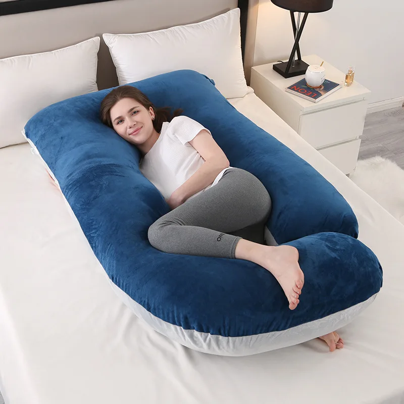 Bantal Hamil Kristal Beludru Tipe J Bantal Menyusui Penyangga Perut Inti Tidur Samping Bantal Pelindung Pinggang