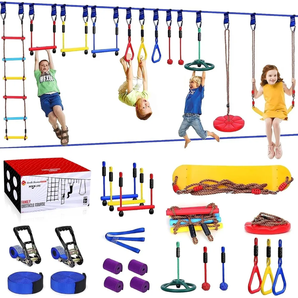 

2x65 FT Ninja Warrior Obstacle Course for Kids with 13 Ninja Accessories - 600lbs Weight Capacity, Slackline with Swing Seat