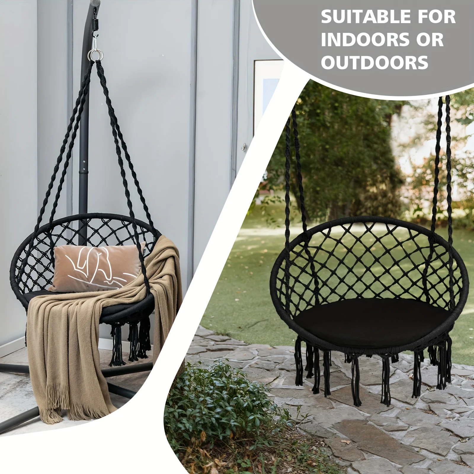 

1pc Hammock Swing Chair With Cushion, Hanging Hardware Kit, Indoor Outdoor Furniture, Black