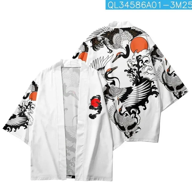 White Japanese Crane Wave Print Haori Kimono Cardigan Unisex Short Sleeve Open Yukata Harajuku Streetwear Beach Cover Up Tops