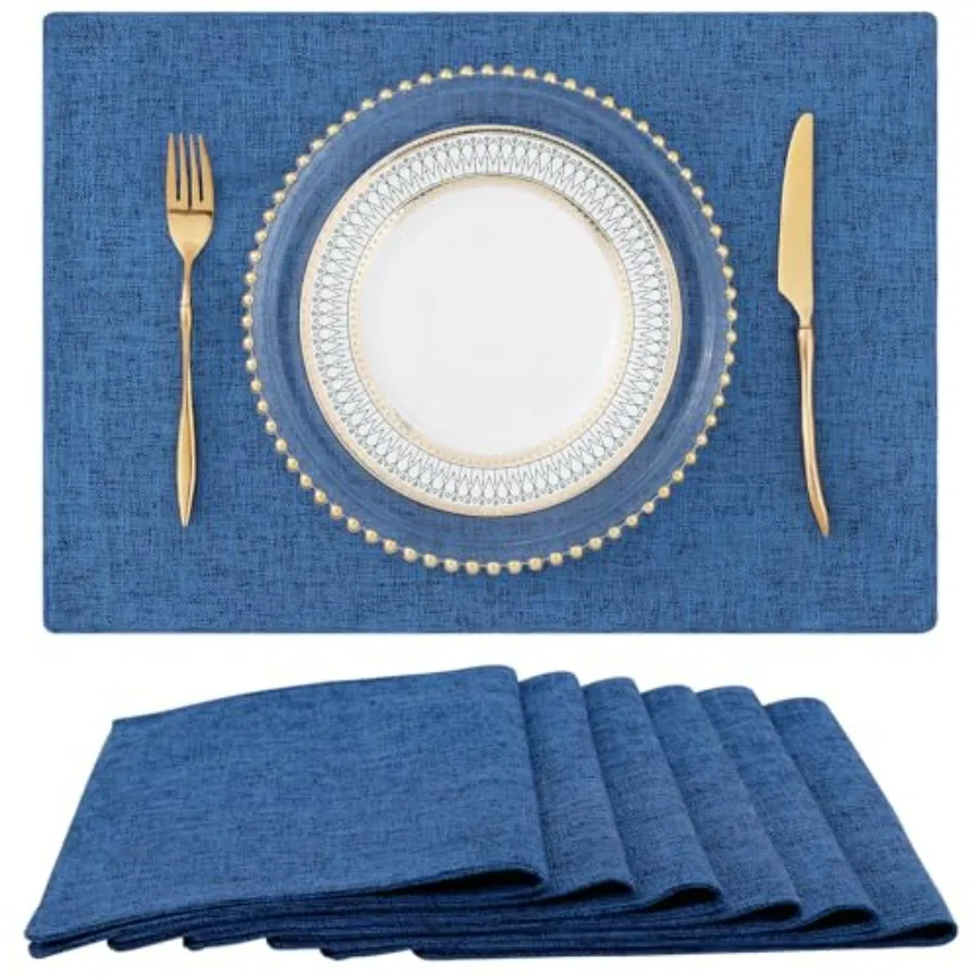 

Cotton Linen Placemats Set of 6 Cloth Washable Farmhouse Dining Table Mats for Indoors Outdoors Easy to Clean Navy Blue 13 x 19