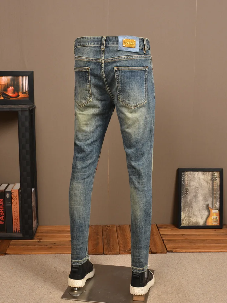 Retro Distressed Stitching Motorcycle Jeans Men's Fashionable High-End Stretch Slim Fit Skinny Patch Casual Ruan Handsome Pants