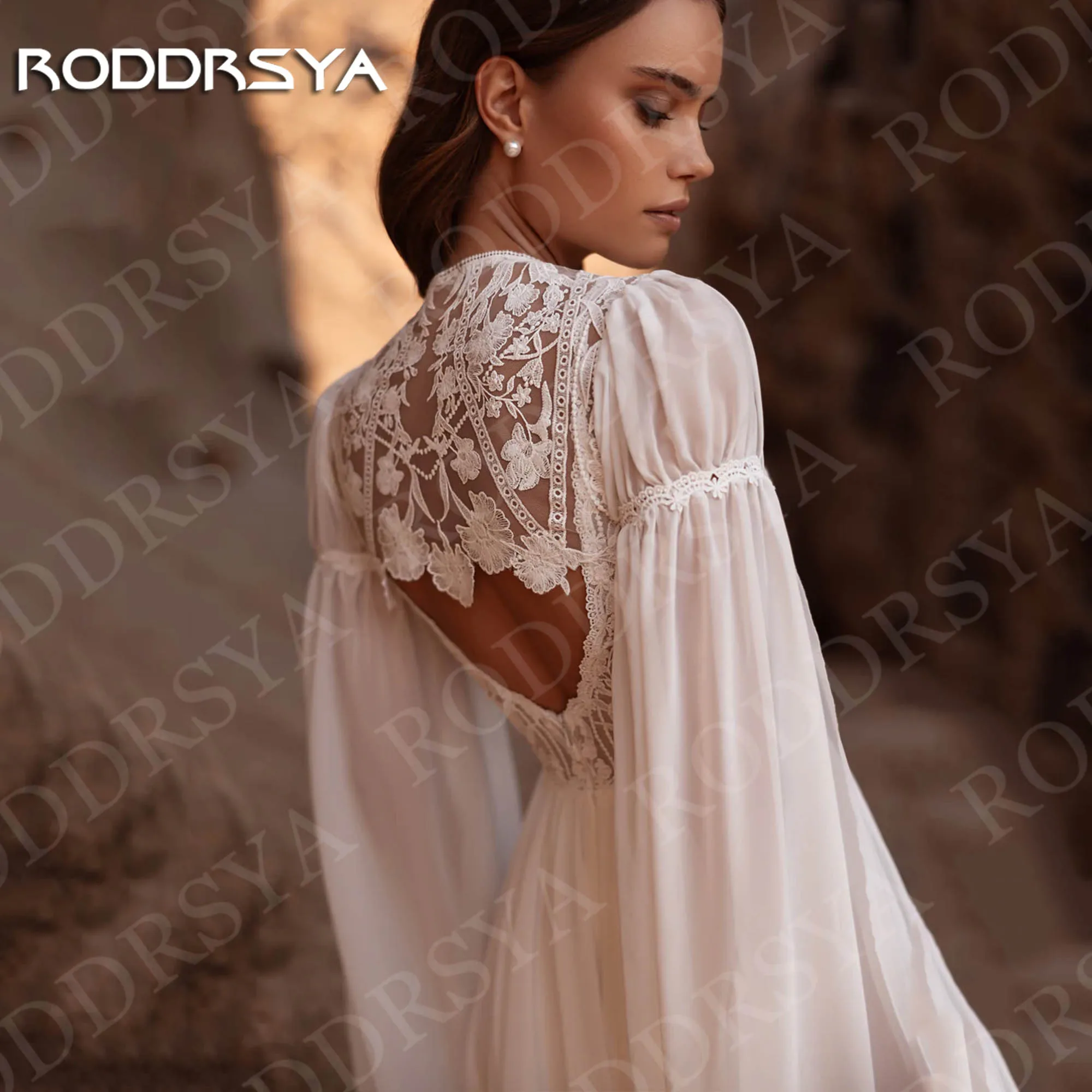 Gaun Pengantin Boho RODDRSYA Gaun Pengantin Vintage Aplikasi Renda Lengan Mengembang Belahan Tinggi Gaun Pengantin Pantai Dapat Disesuaikan Wanita 2026