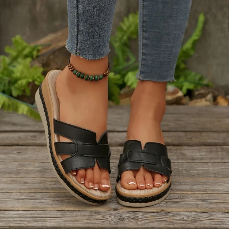 Women's Fashion Wedge Slippers Summer New Round Toe Open Toe Cutout Platform Anti-Slip Wear-Resistant High Heels