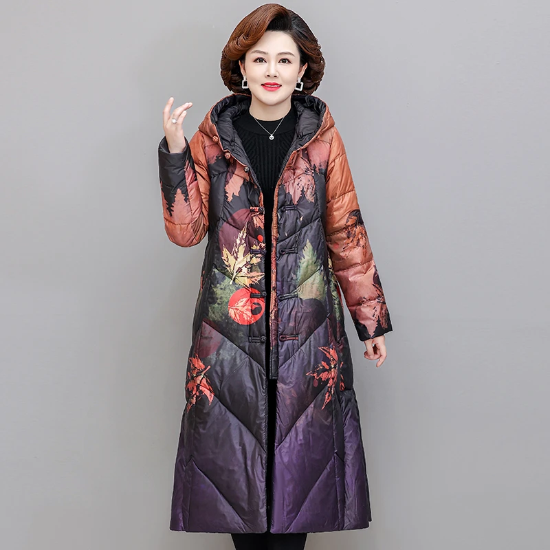 Chinese style Vintage Single Breasted Ultra Light Down X-long Coat Winter Women White Duck Down Jacket  ink painting Outwear