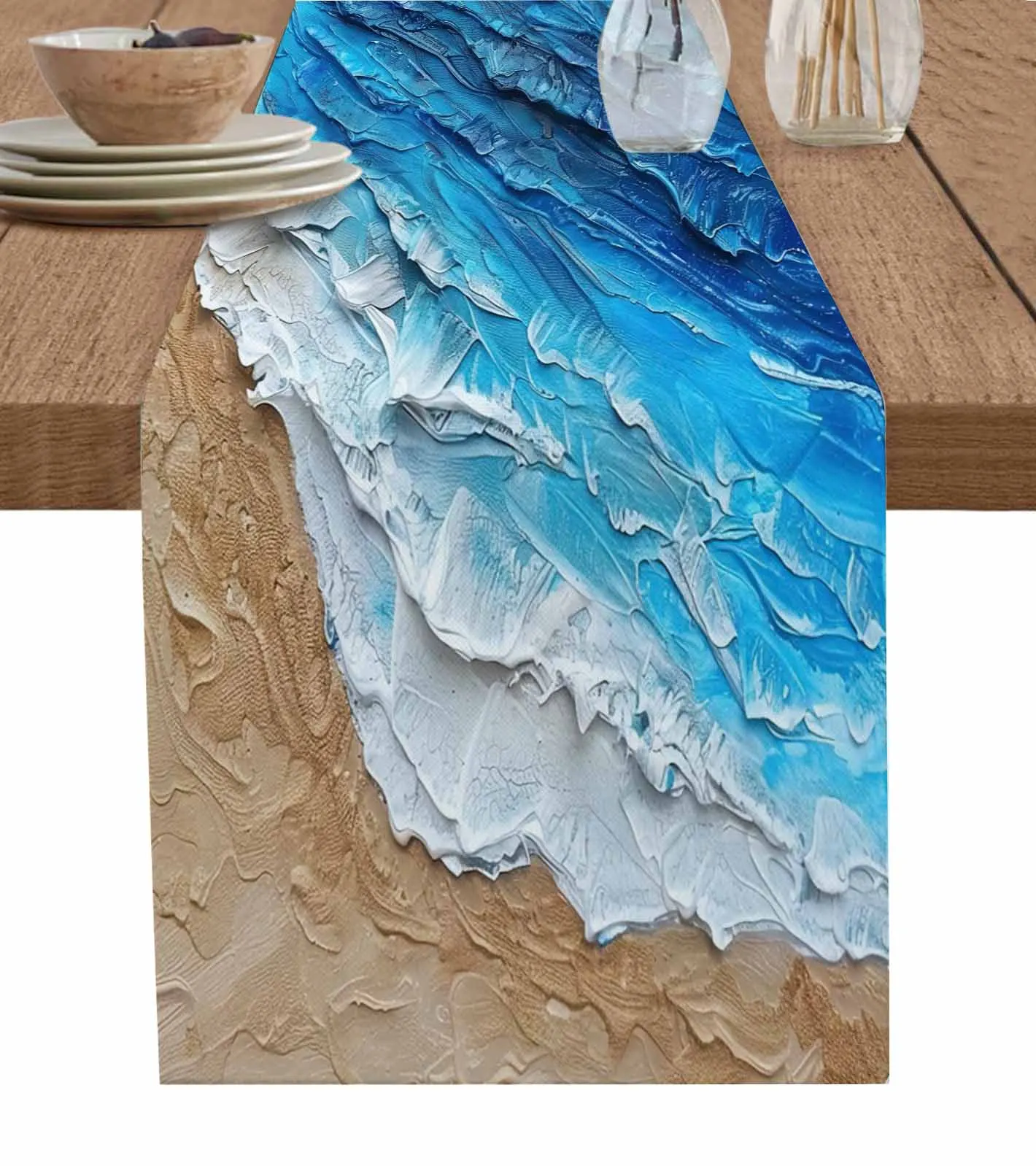 Ocean Waves Gradient Oil Painting Table Runner Wedding Dining Table Decoration Table Runner Holiday Dining Tablecloth