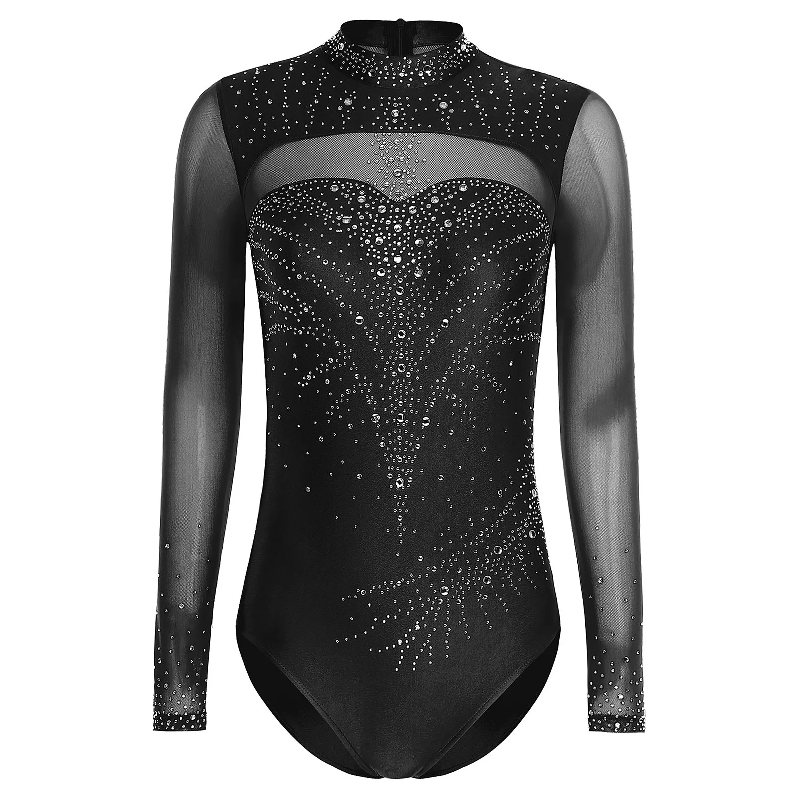 ผู้หญิงสเก็ตลีลา Leotard แขนยาว Rhinestone Sheer ตาข่ายบอดี้สูทบัลเล่ต์เต้นรําจังหวะยิมนาสติก Acrobatics Jumpsuit
