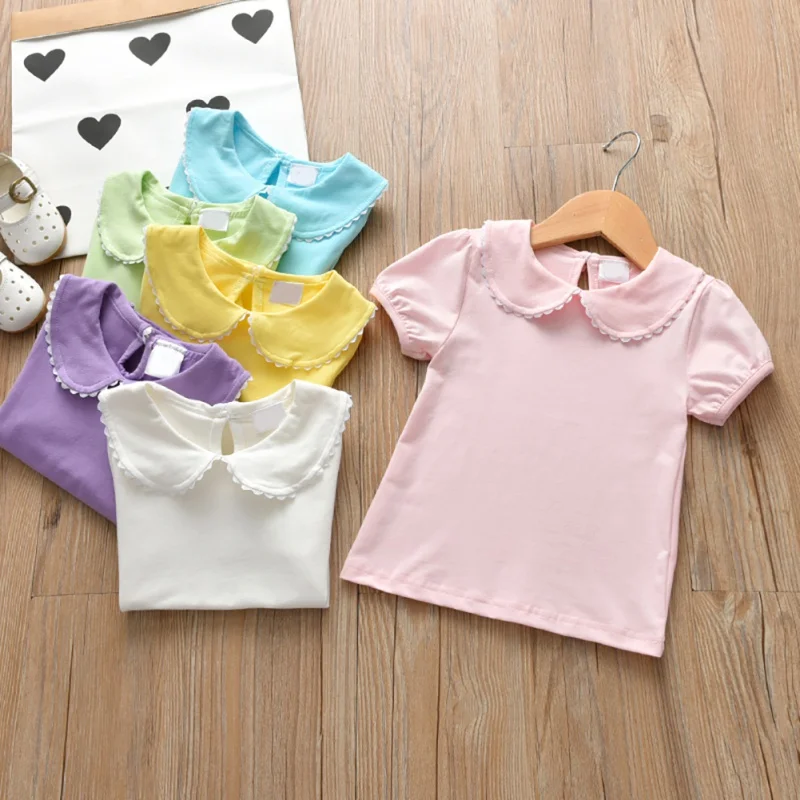 Summer Baby Girl T-shirts Doll Neck Infant Blouse Costume Solid Toddler Short Sleeve Tops Cotton Kids Children Wear 6M-6Y