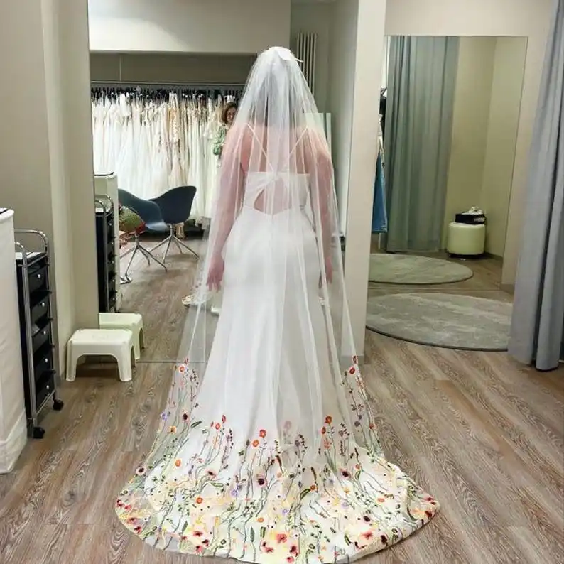 Embroidered Lace Floral Wedding Veil White Ivory Bridal Veil Tulle Wedding Dress