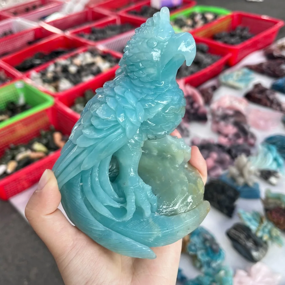Natural Amazonite Parrot Carving Crystal Bird Figurine Healing Desktop Ornament Home Office Decoration Collectible Gift