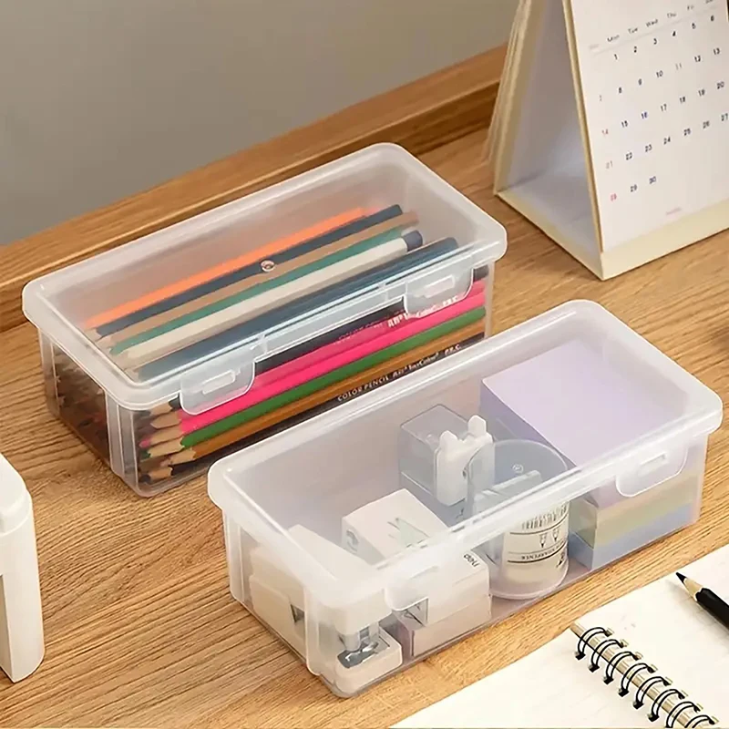 With Buckled Pencil Box Large Capacity Transparent Waterproof Stationery Case Dustproof Plastic Desktop Storage Box Mark Pens