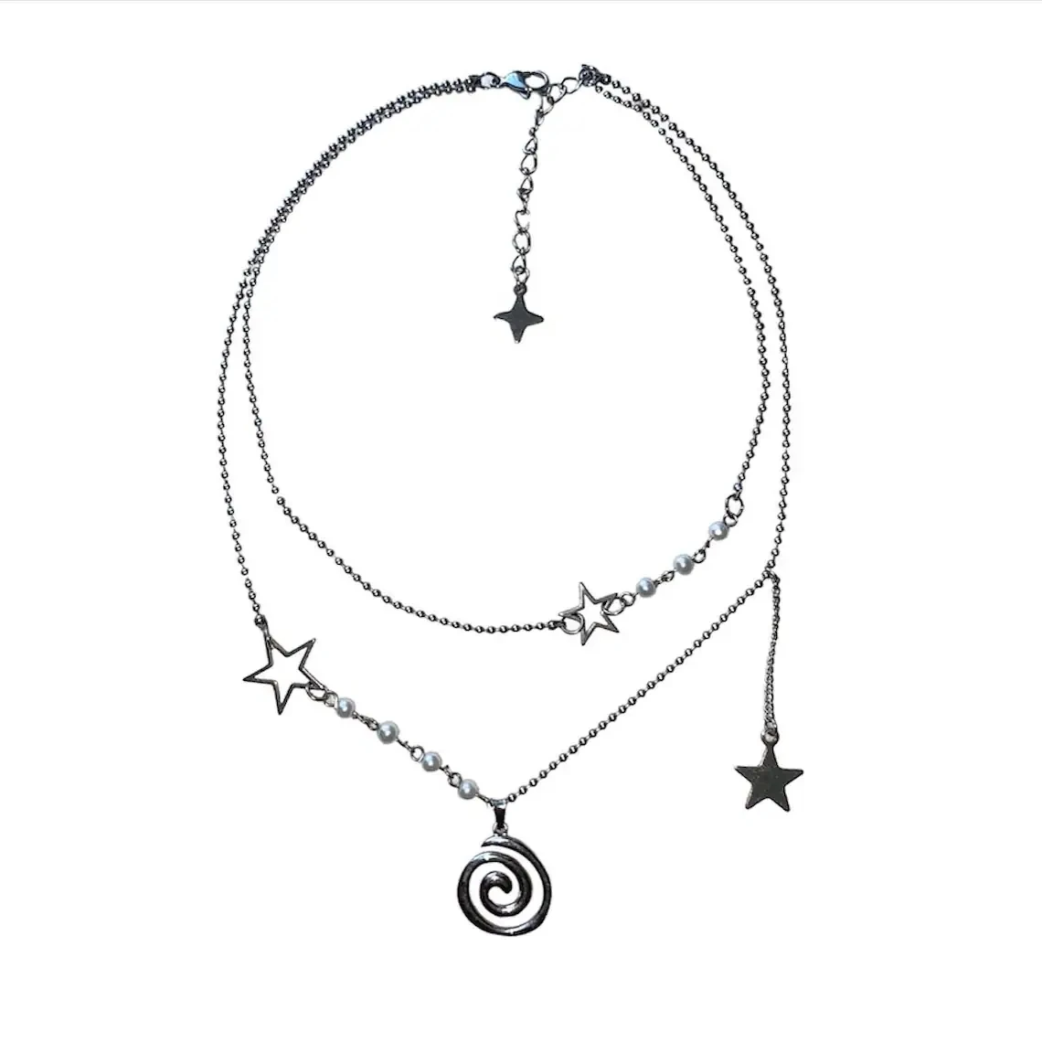 Handmade Fully Stainless Steel Pearl Charm Necklace | With Spiral And Star Charms | Grunge, Y2K, Fairycore, Cyber