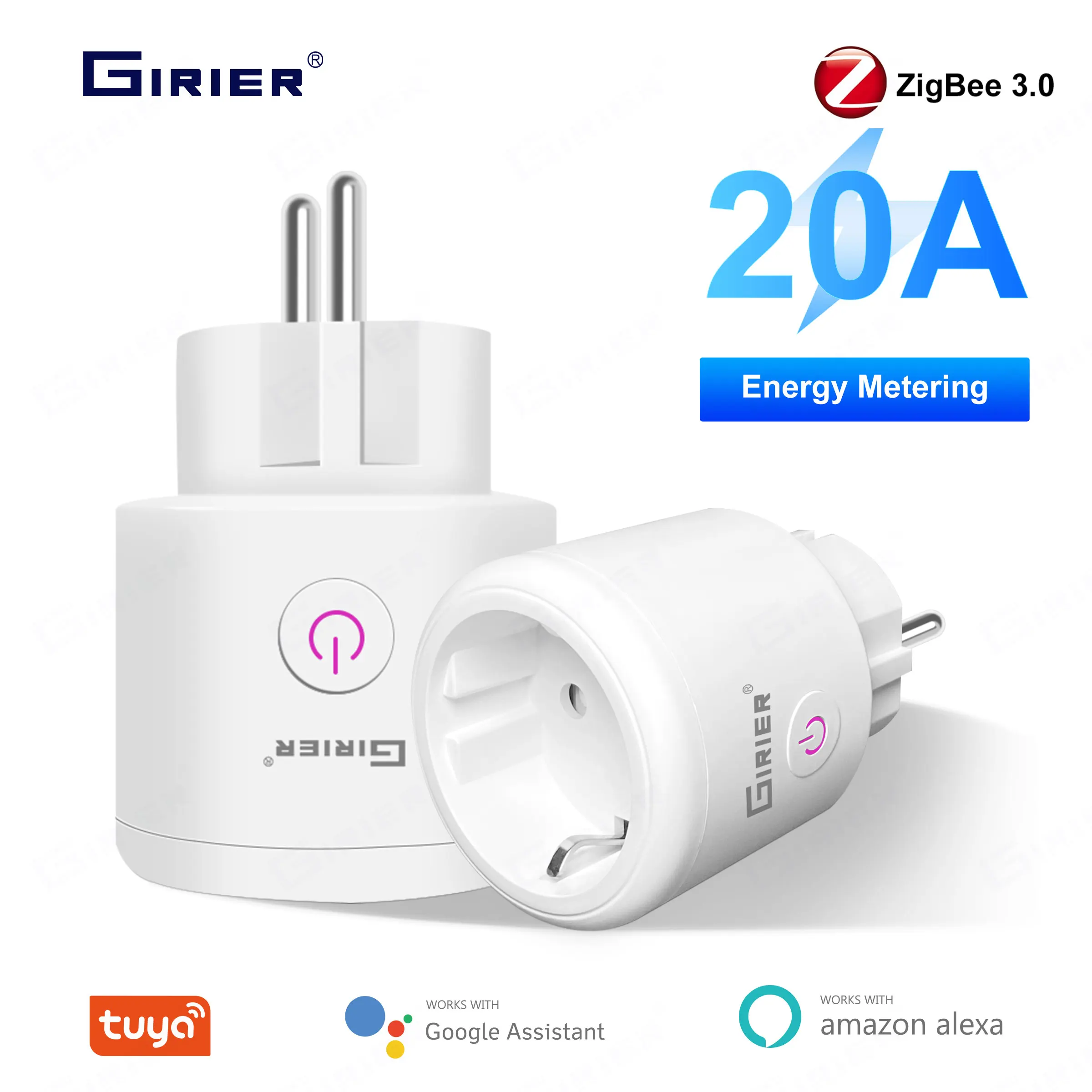GIRIER Tuya ZigBee Smart Power Plug 20A Smart Home Outlet Socket EU 4200W with Power Monitor Function Work with Alexa Hey Google