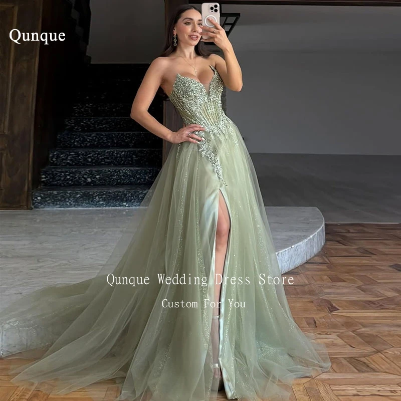 

Qunque Glitter Tulle Split Prom Gown Long Party Gowns for Women Charming Appliques Beadings Vestidos Largos De Fiesta Customized