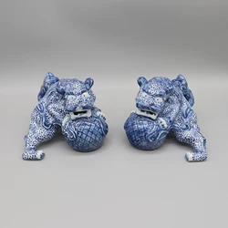 Guardian Lions Playing with the Balls, Pair of Blue and White Porcelain Figurines, Home Decoration