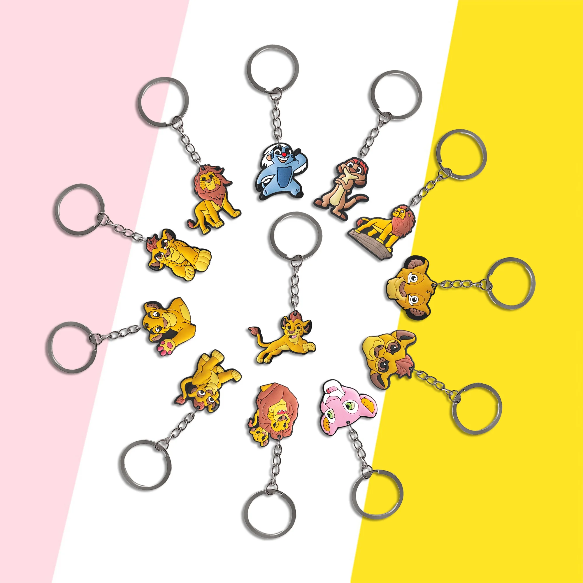 1-12 قطعة الكرتون Miniso ديزني الأسد الملك سيمبا حقيبة بولي كلوريد الفينيل سيارة حلقة رئيسية سلاسل مفتاح حامل مفتاح فوب مفتاح العلامات ملحقات الحقائب اليدوية