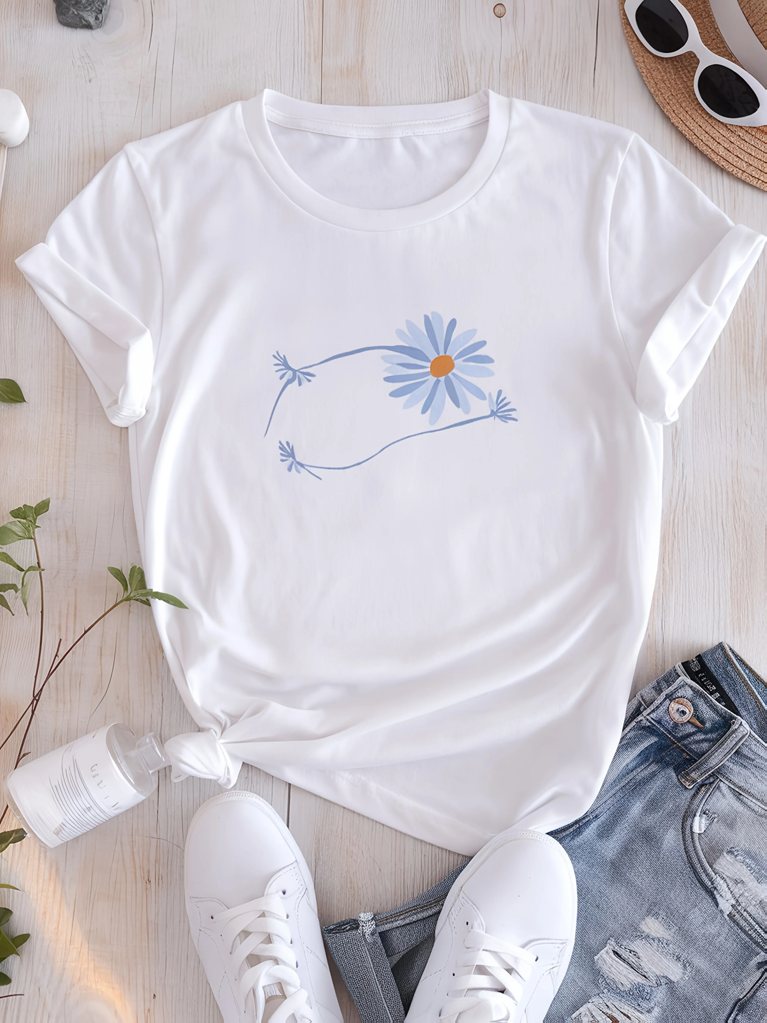 

Flower Print Short Sleeved T-Shirt Print Short Sleeved Women'S Clothing aesthetic clothes women clothes t shirt women