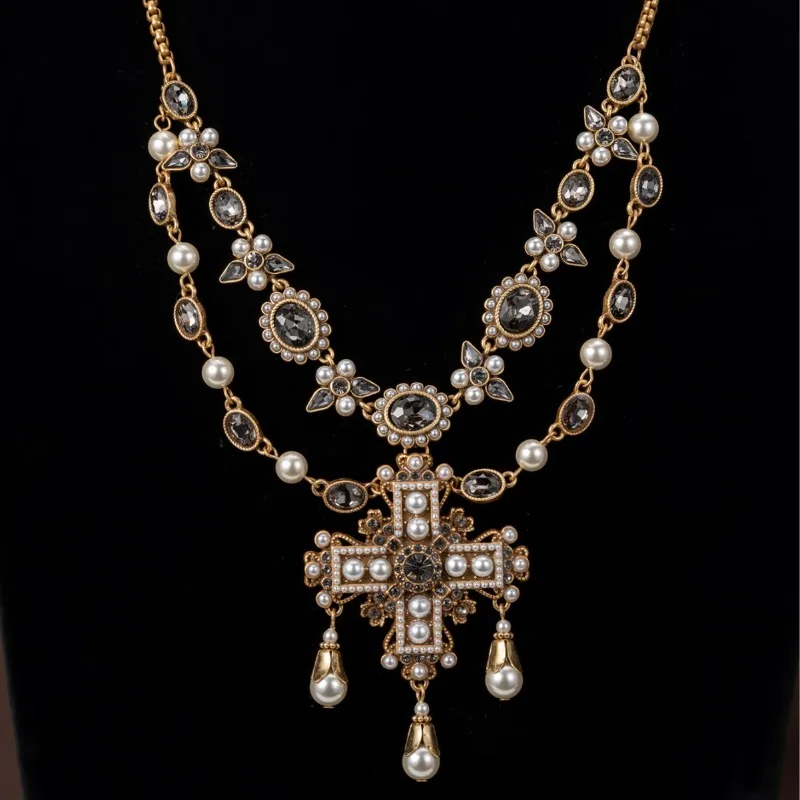 Vintage Cross Pearl Tassel Necklace, Elegant Light Luxury Inlaid Pearl Pendant Fashion Statement Jewelry For Women
