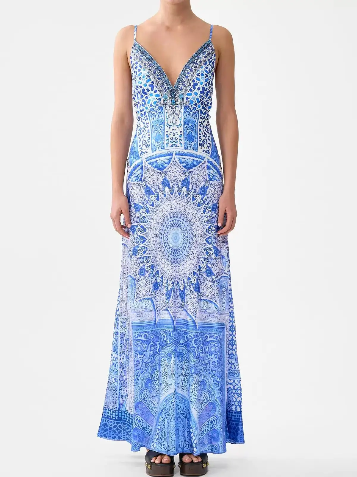 Kristallverziertes Damen-Maxikleid in Blau, 100% Seide, Retro-Print, V-Ausschnitt, Rückenfreies Design, Hohe Taille, Ärmellos, Elegantes Seidenkleid