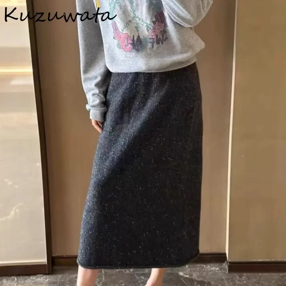 Kuzuwata Advanced Hip Hop Woolen Knit Women Skirts Shiny Bodycon Mid-length Faldas Japanese Age Reduction Slim High Waist Skirt