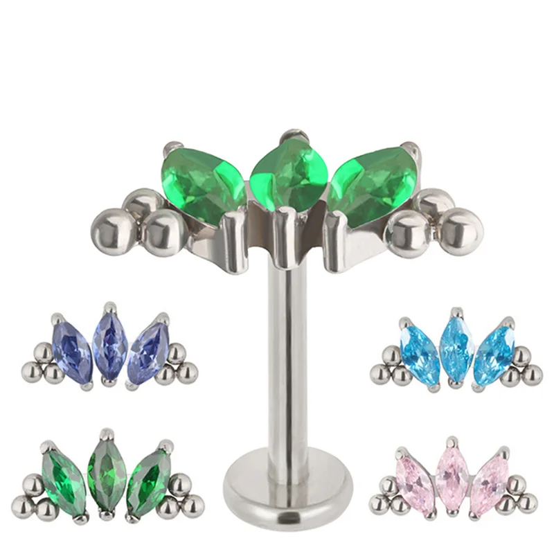 

G23 Titanium PIERC 3 Zircon Marquise With Tri-bead Cluster Threaded Top Ear Cartilage Earrings Lip Ring Stud Piercing Jewelry