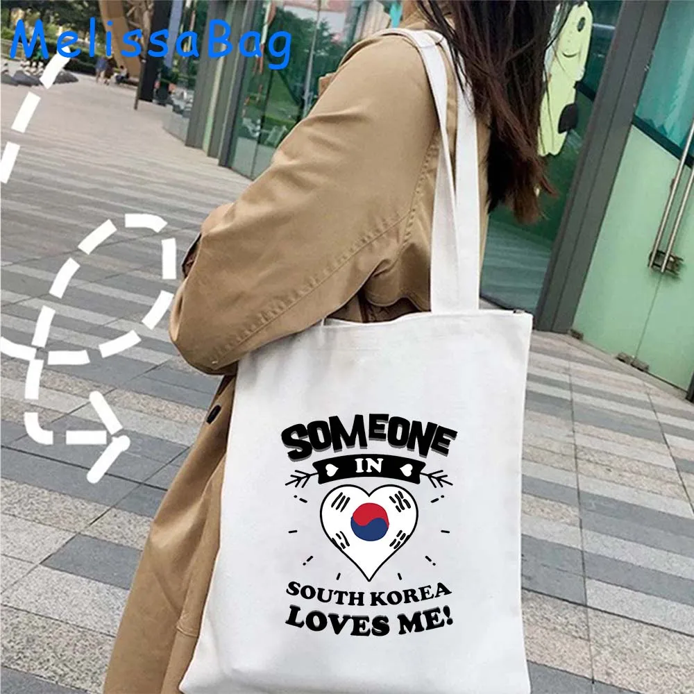 South Korea Shaka Hand Flag Canvas Shoulder Totes Bag Korean Heart Emblem Seoul KPOP Lover Gifts Shopper Reusable Cotton Handbag