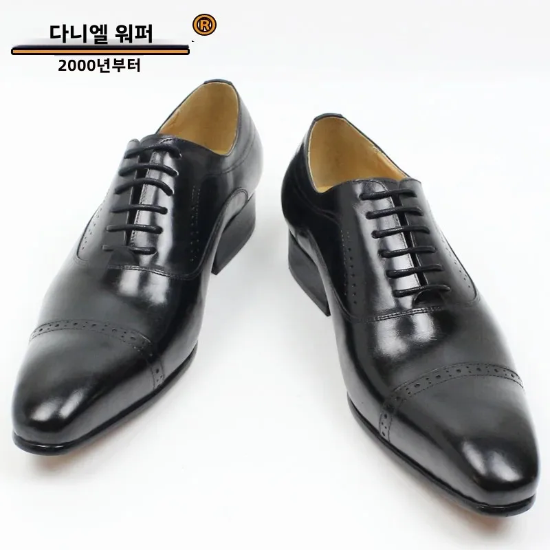 Genuine Leather Oxford Dress Shoes Men Lace Up Cap Toe Office Wedding Shoes Black Brown Brogue Pointed Oxfords Formal Shoes Men