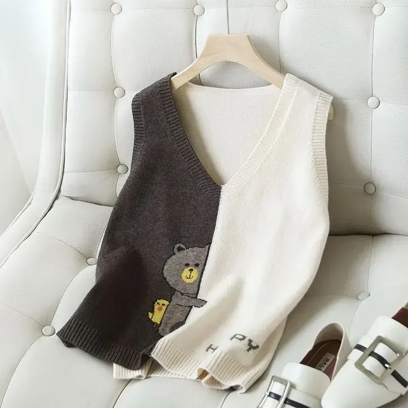 

Lady Sweaters V-neck Splicing Knit Vests For Women Pullover Kawaii Waistcoat Cute Classic On Offer Aesthetic New In Vintage Y2k