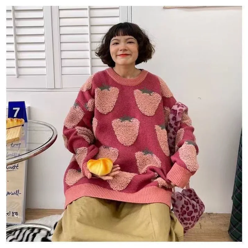 Deeptown Japanese Kawaii Pink Sweater Women Harajuku Fashion Knitted Jumper Korean Style Knitwear Strawberry Oversized Pullover