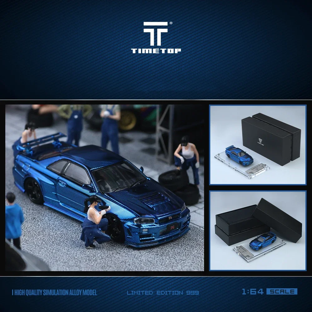 **Pre Sale** TM 1:64 Skyline GTR R34 Blue Carbon Hood Diecast Diorama Car Model Collection Toys Time TOP Micro