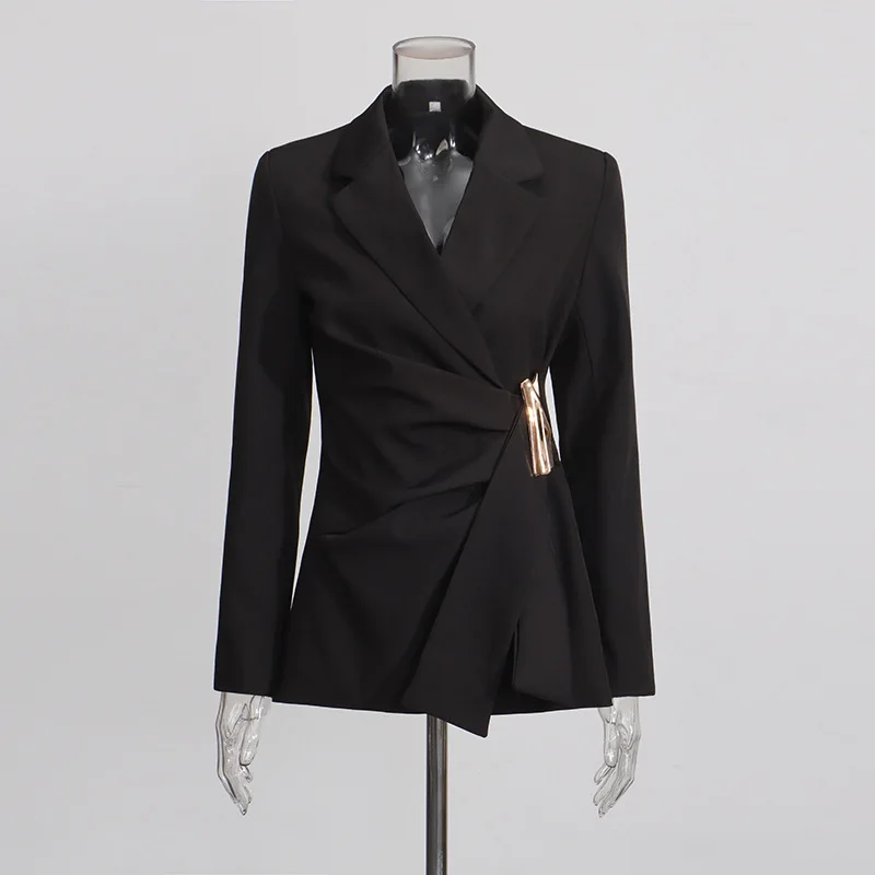 ZAMOR HIGH END Elegant Chic Design Blazer 2026 Spring New Asymmetric Knot Waist-Cinching Metal Button Decor Outerwear Women's
