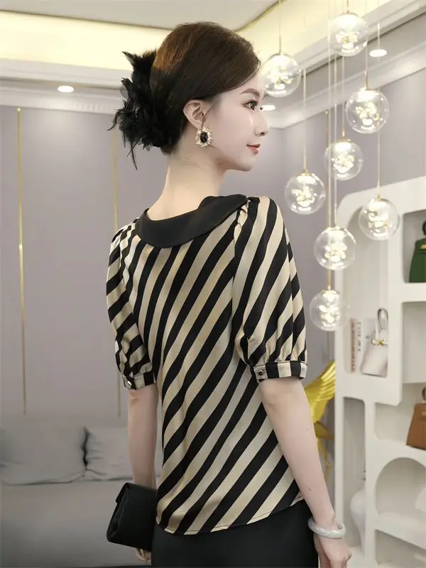 

Round Neck Striped Short-sleeved Elegant Versatile Top for Women 2025 Summer New Style Age-reducing