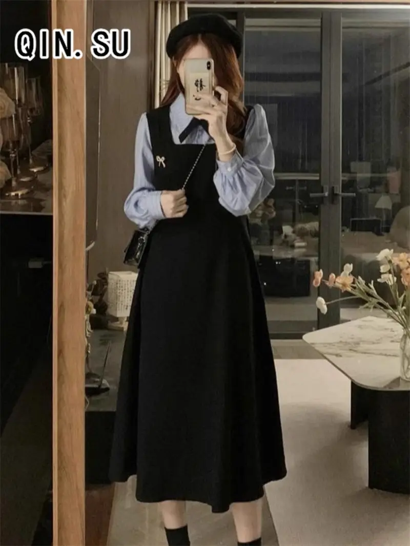 Striped Shirt Patchwork Fake Two-piece Dress Long Sleeved Fat Mm Waist Slimming College Style Long Skirt