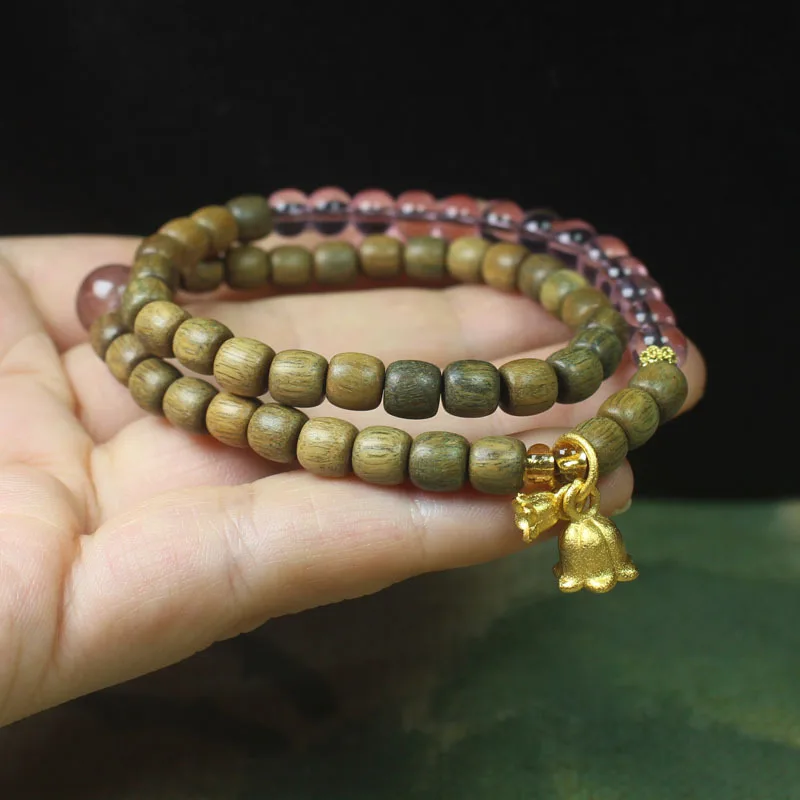 Green Sandalwood 0.6mm Bead Double Circle Bracelet with Golden Lily of the Valley Pendant, Women's Forest Style Prayer Beads