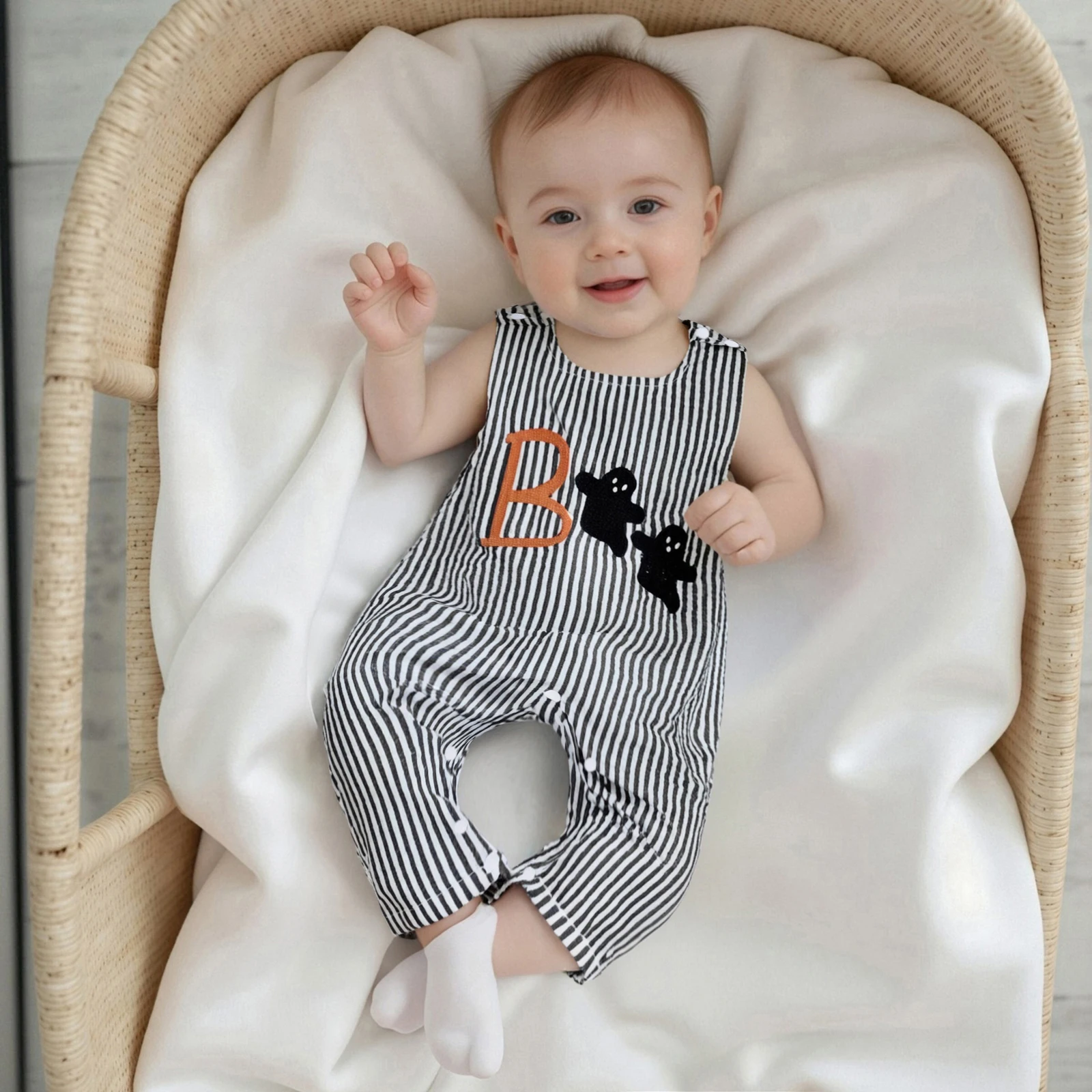 Baby Boys Jumpsuit, Sleeveless Crew Neck Stripes Embroidery Pumpkin/Ghost Summer Romper Halloween Clothes