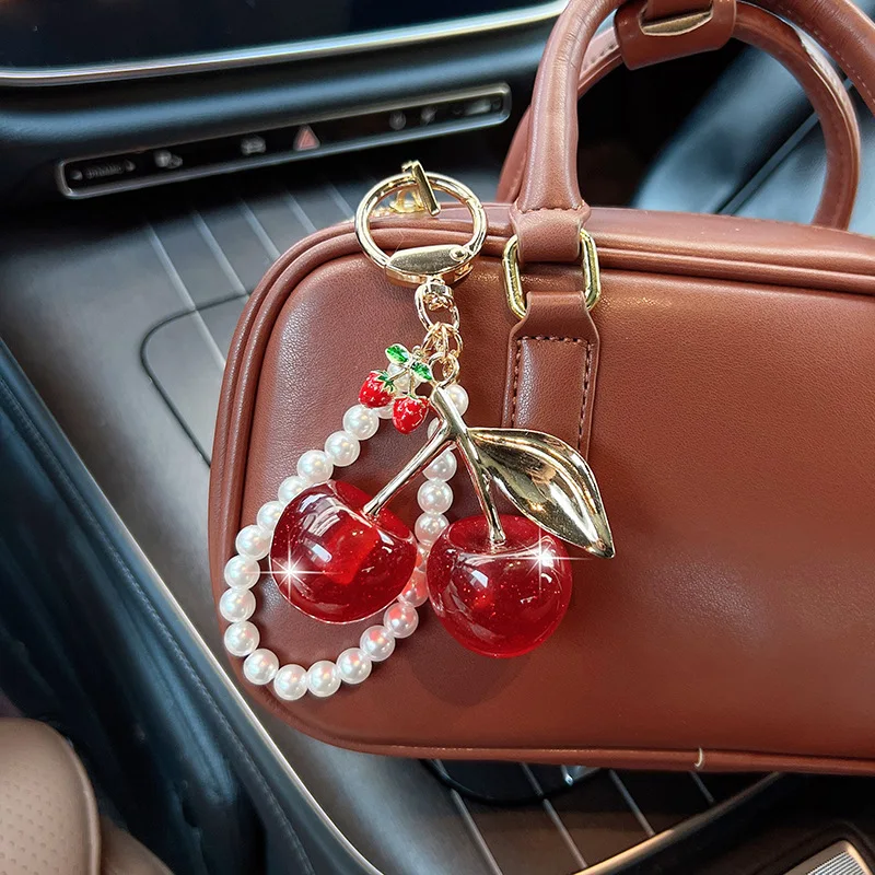 1PC Sweet Cherry Imitation Pearl Beads Key Chain Exquisite Bag Pendant Decoration Backpack Accessories Car Keyring Jewelry Gift