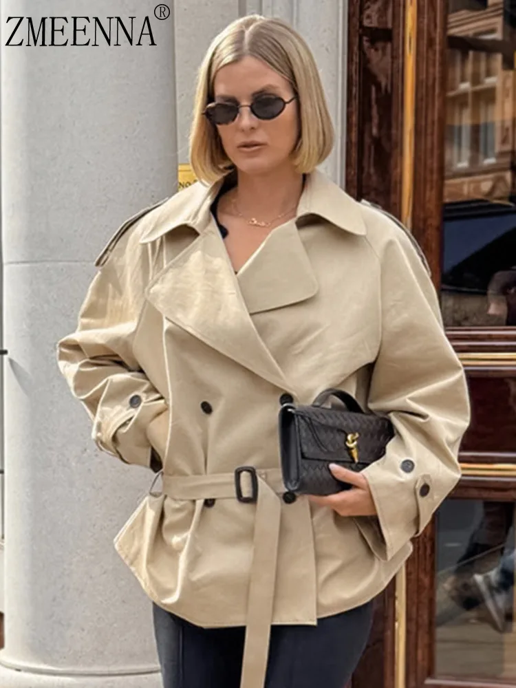 

ZMEENNA Double Breasted Belted Trench Coat For Women Stylish Long Sleeve Wide Lapel Casual Jacket For Autumn Everyday ZM3589