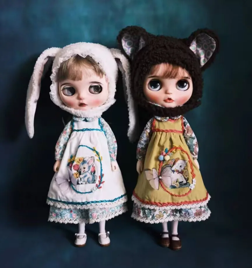 1set Forest animal Embroidery Retro Blythe/landoudou Hat, dress, outer dress, socks (Fit for azone,Pullip,Ob22,24,26, Licca)