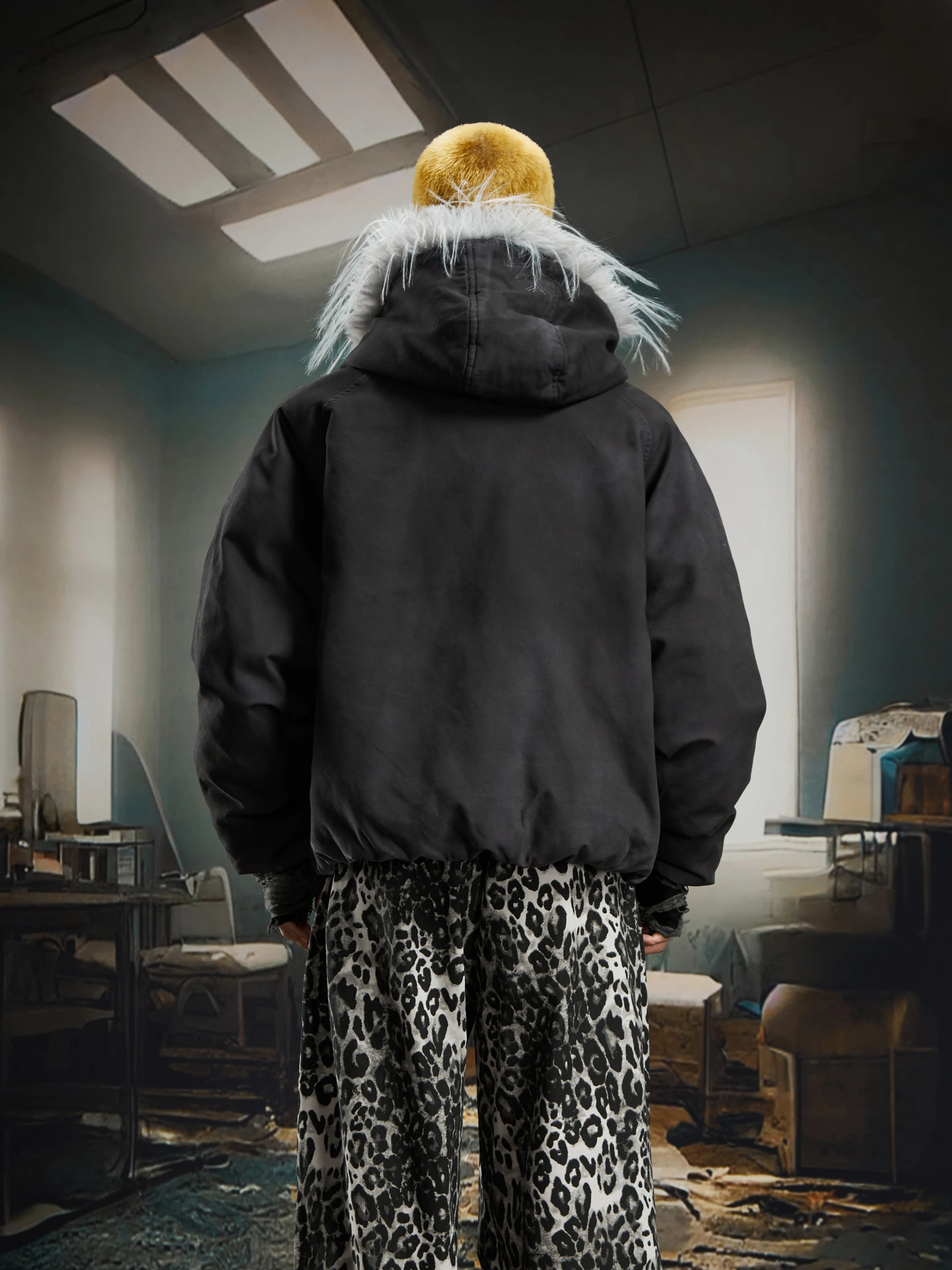 Niche Zipped Stand Collar Hooded Wild Long Fur Washed Printing Coat Jacket Thickened Winter