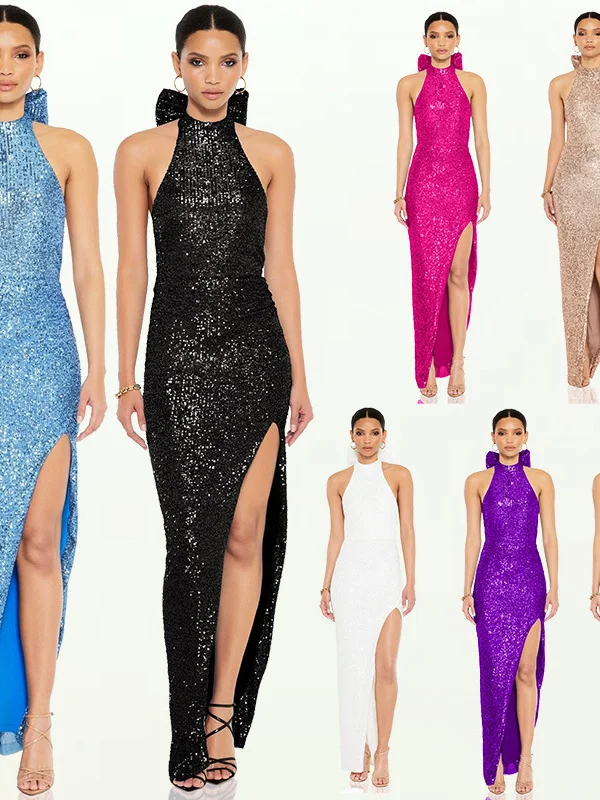 

Женская длинная юбка, сексуальное платье с разрезом и блестками, висящее платье с большой галстуком-бабочкой, летнее платье с высокой талией, мягкая полиэфирная ткань