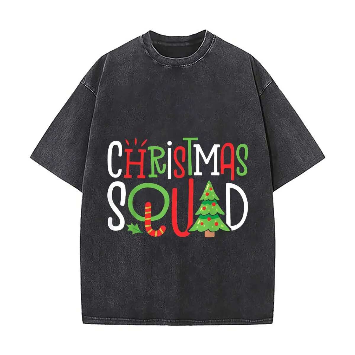 Christmas Squad Graphic Distressed Faded Baggy Streetwear Tops for Park Hangouts