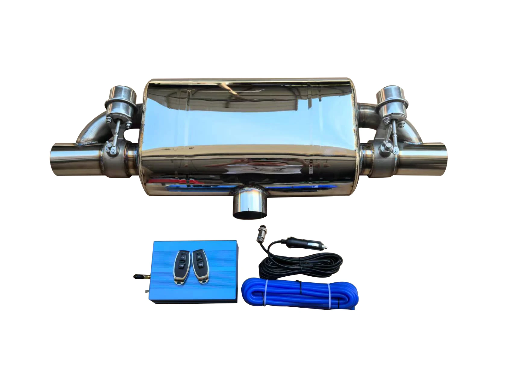 Automobile universal exhaust valve tail drum T-shape one-in two-out universal exhaust valve variable sound remote control