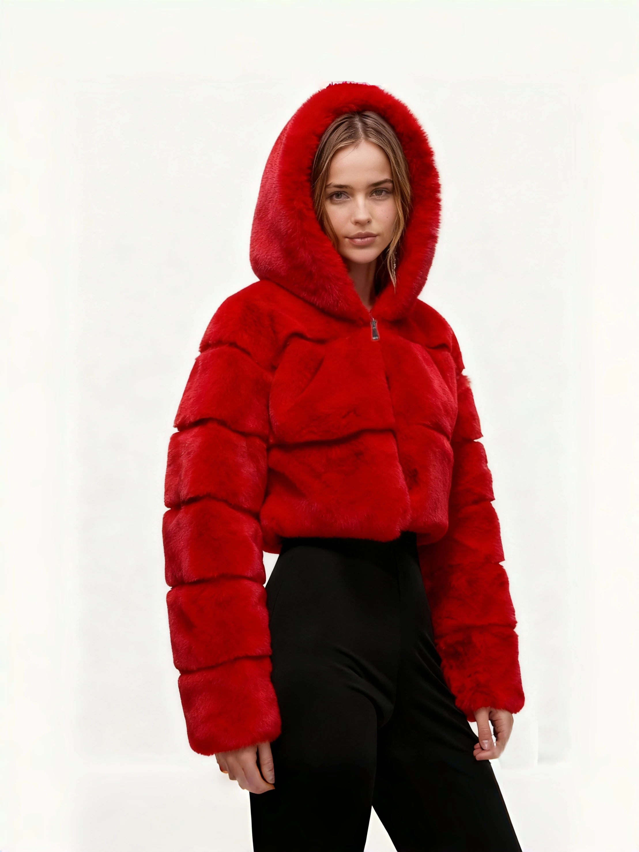 Kegular maat Elegant kort damesjack met capuchon van imitatiebont, lange mouw met ritssluiting, vrijetijdskleding voor herfst/winter