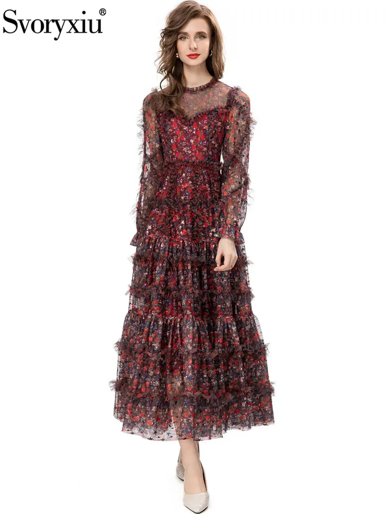 

Svoryxiu Autumn Fashion Runway Vintage Floral Print Big Swing Long Dress Women Flounces Sleeve Net Yarn Cascading Flounces Dress