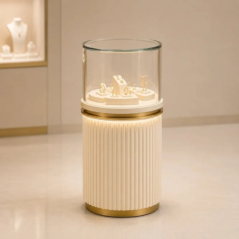 custom.Luxury Curved Jewelry Display Cabinet Milk White Silver Trim Showcase with LED Light Semi-Circular Retail Island Furnitur
